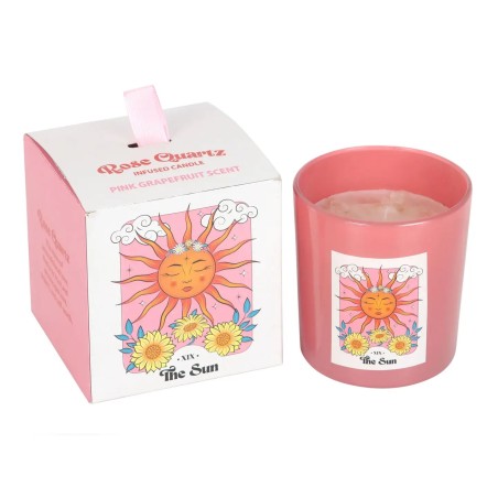 Bougie en verre rose avec cristaux de quartz rose parfum pamplemousse