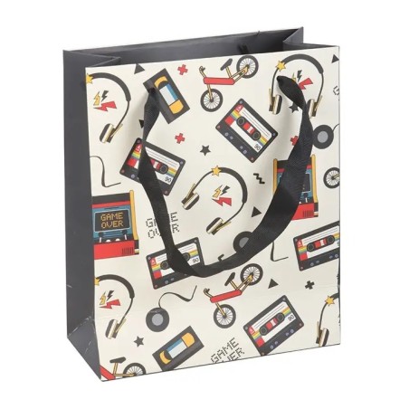 Sac cadeau moyen rétro des années 80 avec imprimé arcade de 23 cm