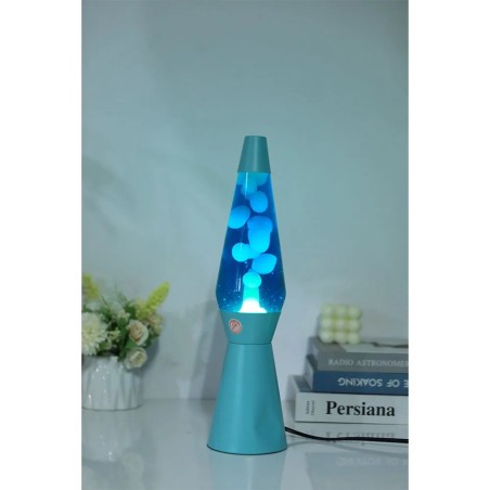 Lampe à Lave LED Spaceship avec base bleue, liquide bleu et cire blanche